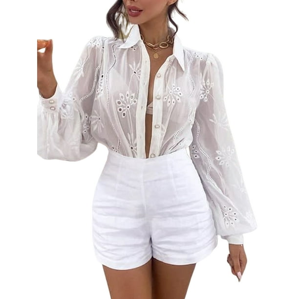 Womens Slim Fit Long Sleeve Lace Crochet Blouse Casual T Shirts Tops White S-2XL